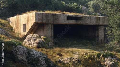 dense concrete structure resembling brutalist military bunker is nestled among rocky terrain and overgrown grass. scene evokes sense of isolation and mystery