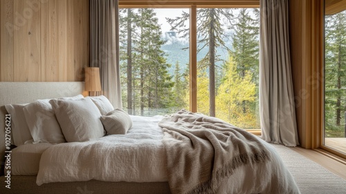 A luxurious Scandinavian-style bedroom with neutral bedding, wool blankets, and large windows framing a forest view.