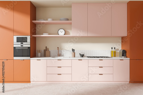 Colored home kitchen interior with cooking cabinet and kitchenware