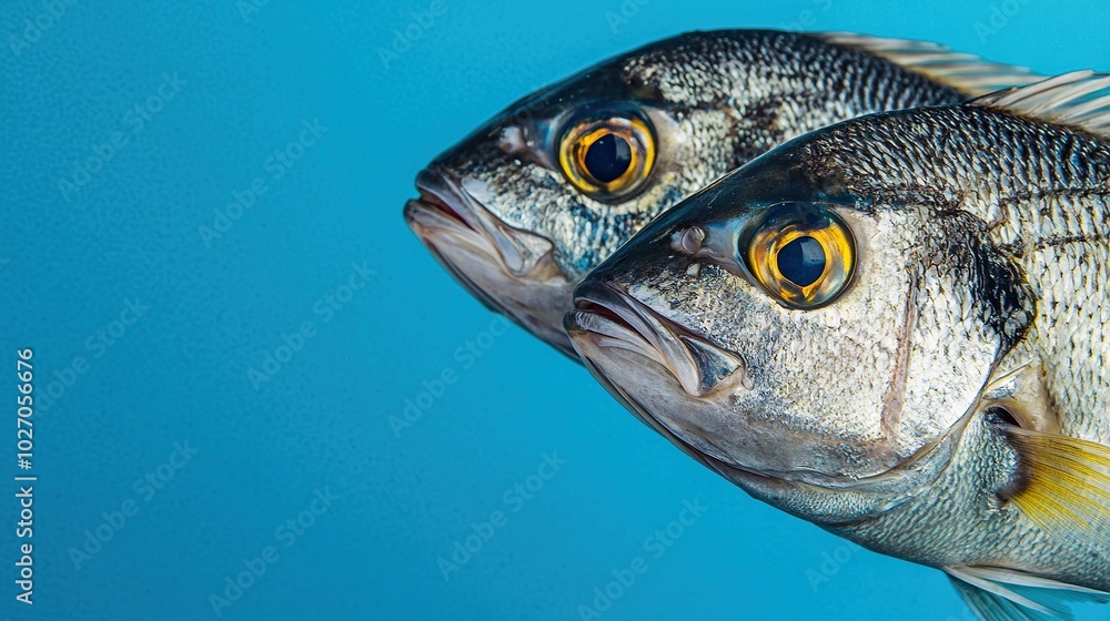 close up of two fresh sea bream fish on blue background close up of two fresh sea bream fish on blue background