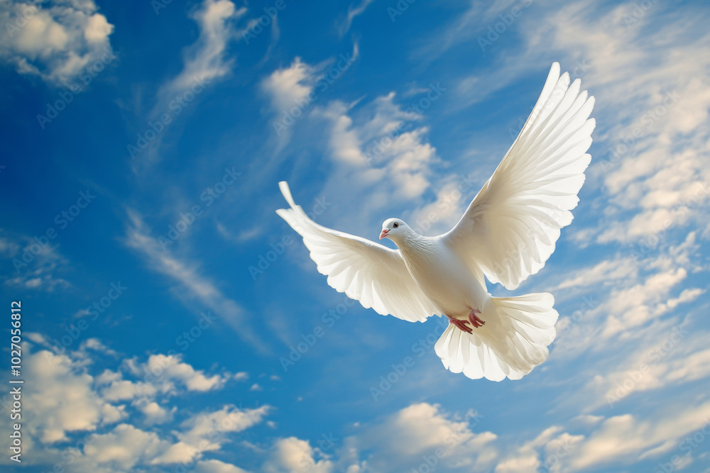 A white dove gracefully soaring against a bright blue sky with clouds A white dove gracefully soaring against a bright blue sky with clouds