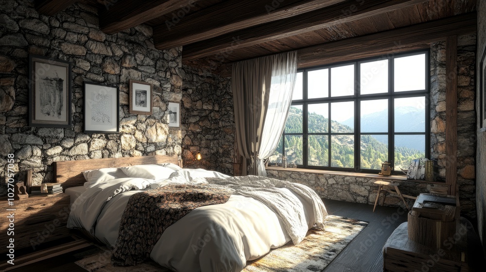 A rustic-meets-modern Scandinavian bedroom with stone walls, wooden beams, and a minimalist bed. A rustic-meets-modern Scandinavian bedroom with stone walls, wooden beams, and a minimalist bed.