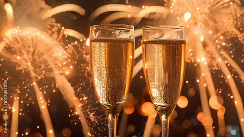 Two elegant champagne glasses clink in celebration, silhouetted against a vibrant fireworks display, Elegant champagne glasses clinking amidst a background of fireworks