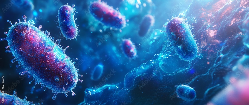 Close-up of a cluster of bacteria in blue liquid, with one in focus. Close-up of a cluster of bacteria in blue liquid, with one in focus.