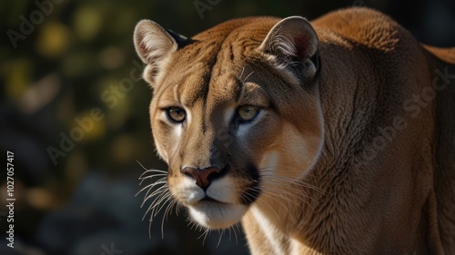 a majestic cougar, its piercing eyes, and golden brown fur convey an impression of strength and wildness. The dense undergrowth around the cougar adds mystery and attraction. photo