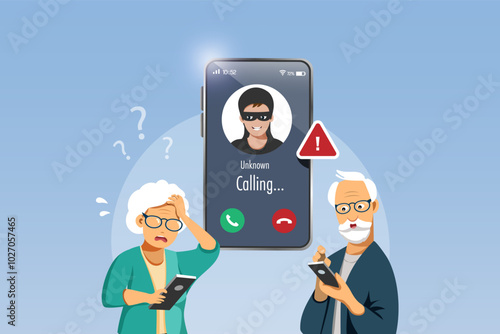 Cyber crime, phone crime calling. Unknown scammer calling senior man and woman to lure and steal money from bank account. Cyber security awareness. Vector.
