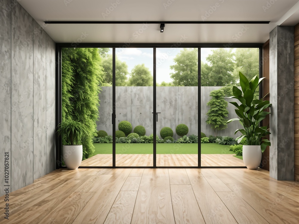 Fototapeta premium Modern empty room with open door to garden 3d render. The Room. have concrete and wooden plank wall, parquet floor, plants, panoramic window.
