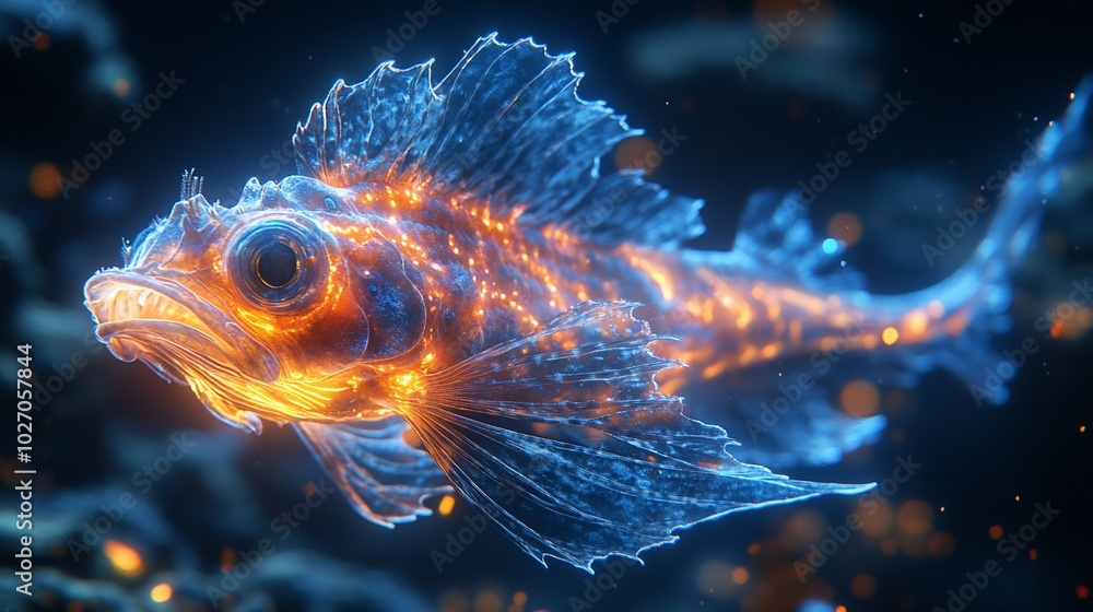 A glowing, fiery fish swims through a dark, underwater world. A glowing, fiery fish swims through a dark, underwater world.
