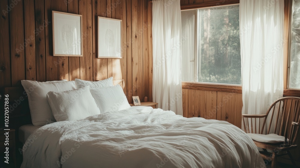 A Scandinavian-style bedroom with white linens, wood-paneled walls, and soft natural light streaming in. A Scandinavian-style bedroom with white linens, wood-paneled walls, and soft natural light streaming in.