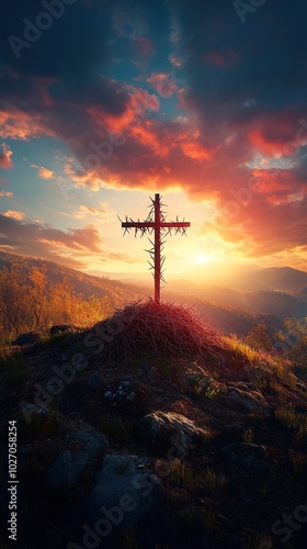 Silhouette cross of Jesus and the sunset 