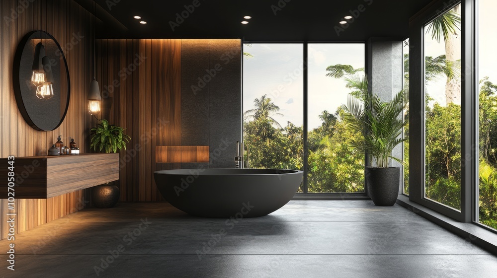 An empty modern bathroom with dark wood accents, big windows, and decorative lighting. An empty modern bathroom with dark wood accents, big windows, and decorative lighting.