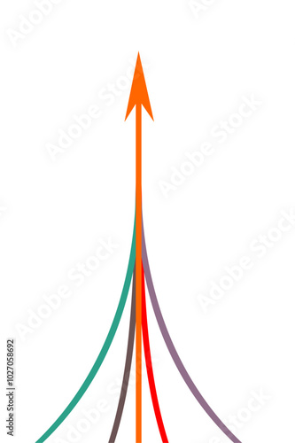 Graphic vector of multiple colored ropes converging into arrows isolated on white background, Arrow in same direction for rising to success