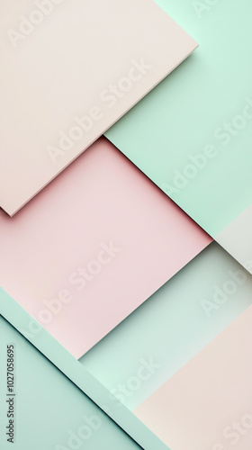 Clean and minimalist background featuring overlapping geometric shapes in soft pastel tones of pink, mint green, light beige, subtle shadows gradients, modern and versatile modern art backdrop