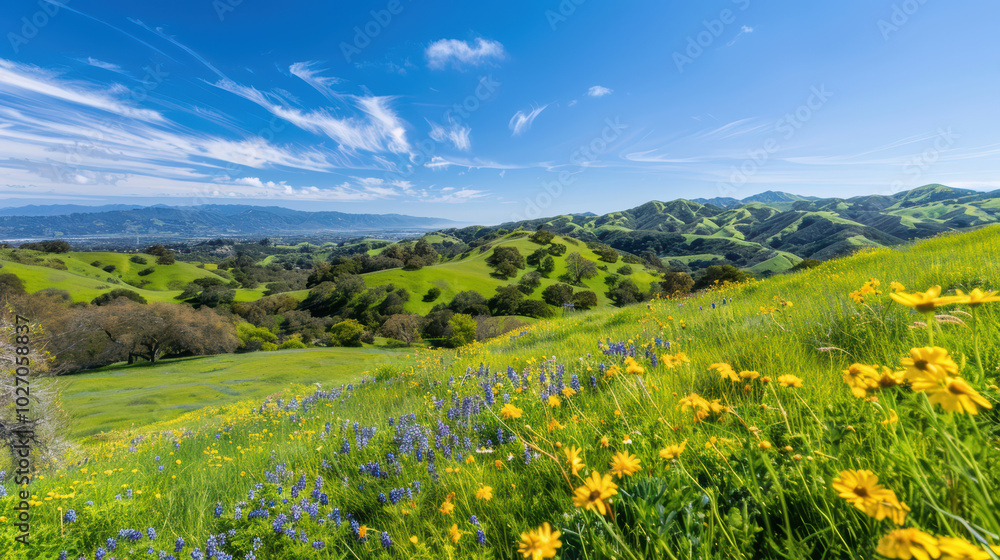 Breathtaking landscape featuring rolling green hills adorned with vibrant wildflowers under clear blue sky. serene view that captures beauty of nature Breathtaking landscape featuring rolling green hills adorned with vibrant wildflowers under clear blue sky. serene view that captures beauty of nature