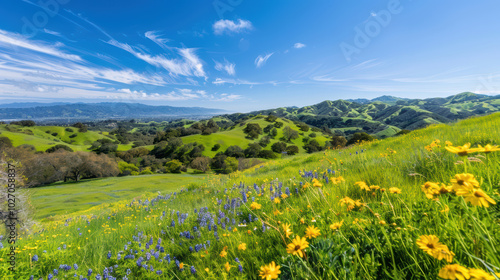 Breathtaking landscape featuring rolling green hills adorned with vibrant wildflowers under clear blue sky. serene view that captures beauty of nature