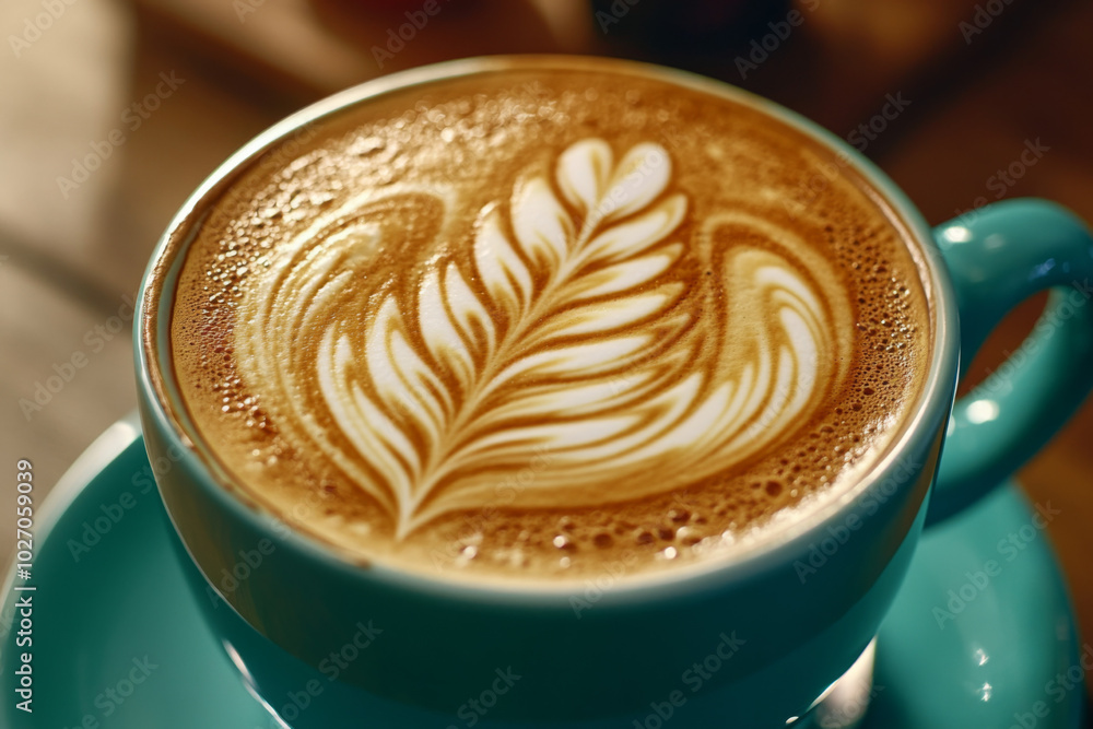 A beautifully crafted cappuccino with latte art served in a turquoise cup