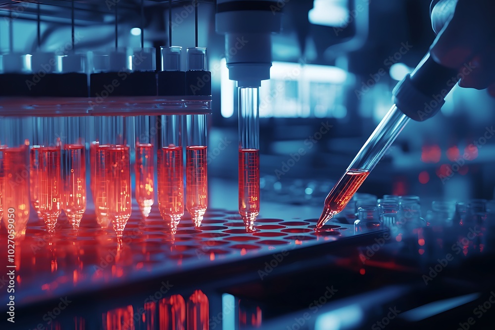 Biochemical sample analysis in a high-tech medical lab using test tubes by researchers.