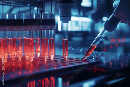 Obraz na płótnie Biochemical sample analysis in a high-tech medical lab using test tubes by researchers. w salonie