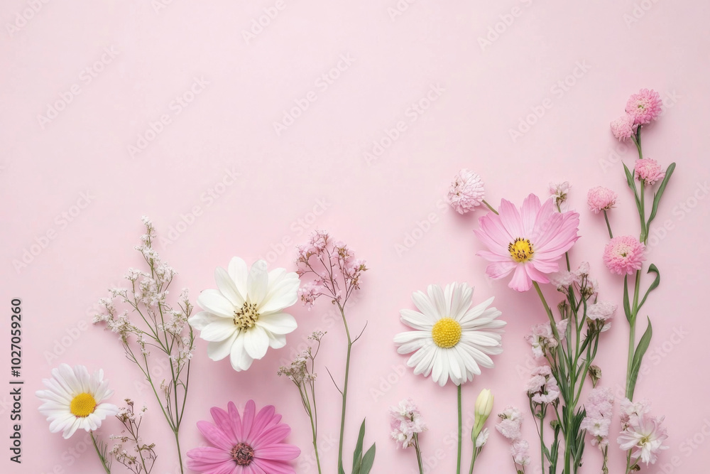 A vibrant arrangement of colorful flowers on a soft pink background A vibrant arrangement of colorful flowers on a soft pink background