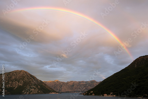 Rainbow during rain in the Bay of Kotor