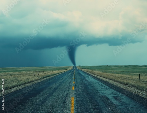 road with a tornado on the horizon