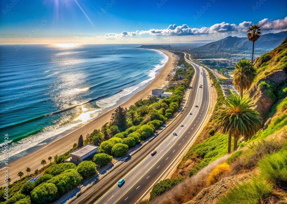 The California Incline offers breathtaking views of the Pacific Freeway and the vast ocean, capturing Santa Monica's stunning coastal beauty and The California Incline offers breathtaking views of the Pacific Freeway and the vast ocean, capturing Santa Monica's stunning coastal beauty and
