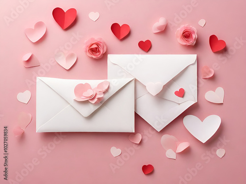 Love in the Air: A Romantic Scene with a Shiny Heart, Envelopes, and Petals, Symbolizing Affection and Sweet Messages photo