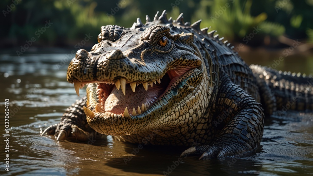 Fototapeta premium A crocodile basks in the warm sun on the riverbank. Its scaly skin glistens, and its powerful jaws reveal a series of sharp teeth.