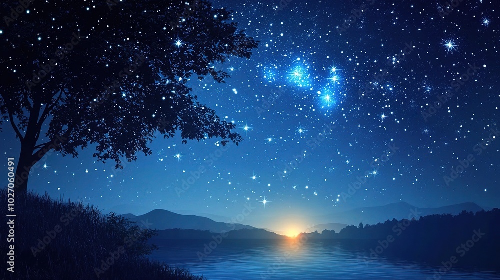Fototapeta premium Night Sky with Stars and Silhouette of Mountains