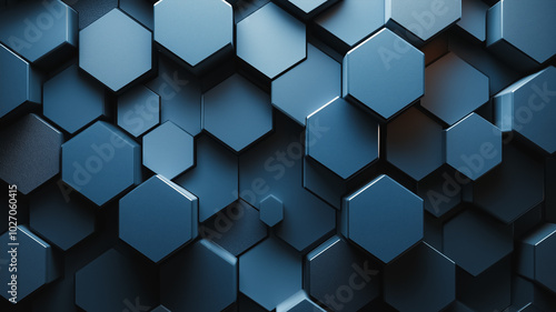 A blue background with many hexagons. The hexagons are all different sizes and are arranged in a way that creates a sense of depth and texture. Scene is one of complexity and sophistication