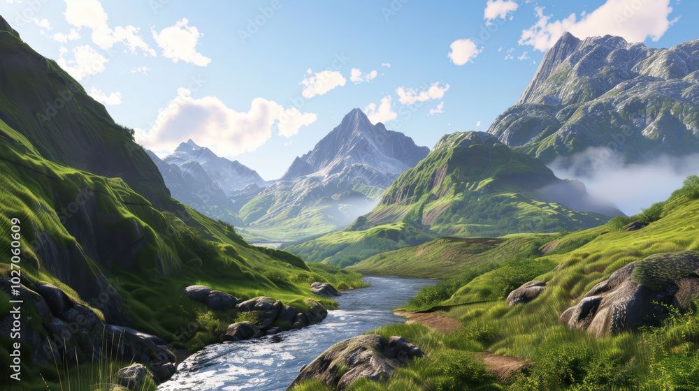 breathtaking landscape featuring lush green hills, majestic mountains, and serene river flowing through valley. vibrant colors and clear blue sky evoke sense of tranquility and natural beauty breathtaking landscape featuring lush green hills, majestic mountains, and serene river flowing through valley. vibrant colors and clear blue sky evoke sense of tranquility and natural beauty