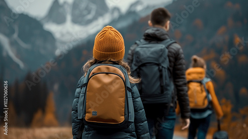 Smiling couple enjoying winter hike with child in snow-covered mountains