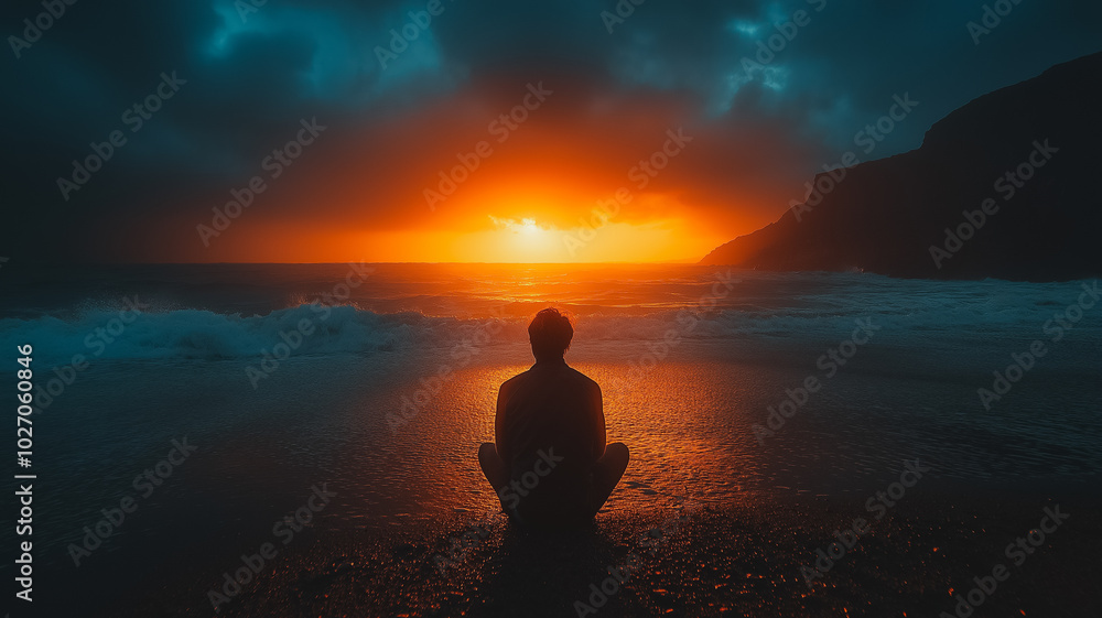 A man is sitting on the beach, looking out at the ocean. The sky is orange and the water is calm. The scene is peaceful and serene, with the man in the center of the image