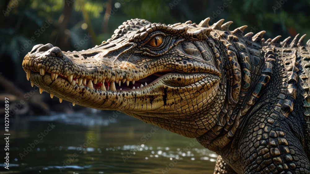 Fototapeta premium A crocodile basks in the warm sun on the riverbank. Its scaly skin glistens, and its powerful jaws reveal a series of sharp teeth.