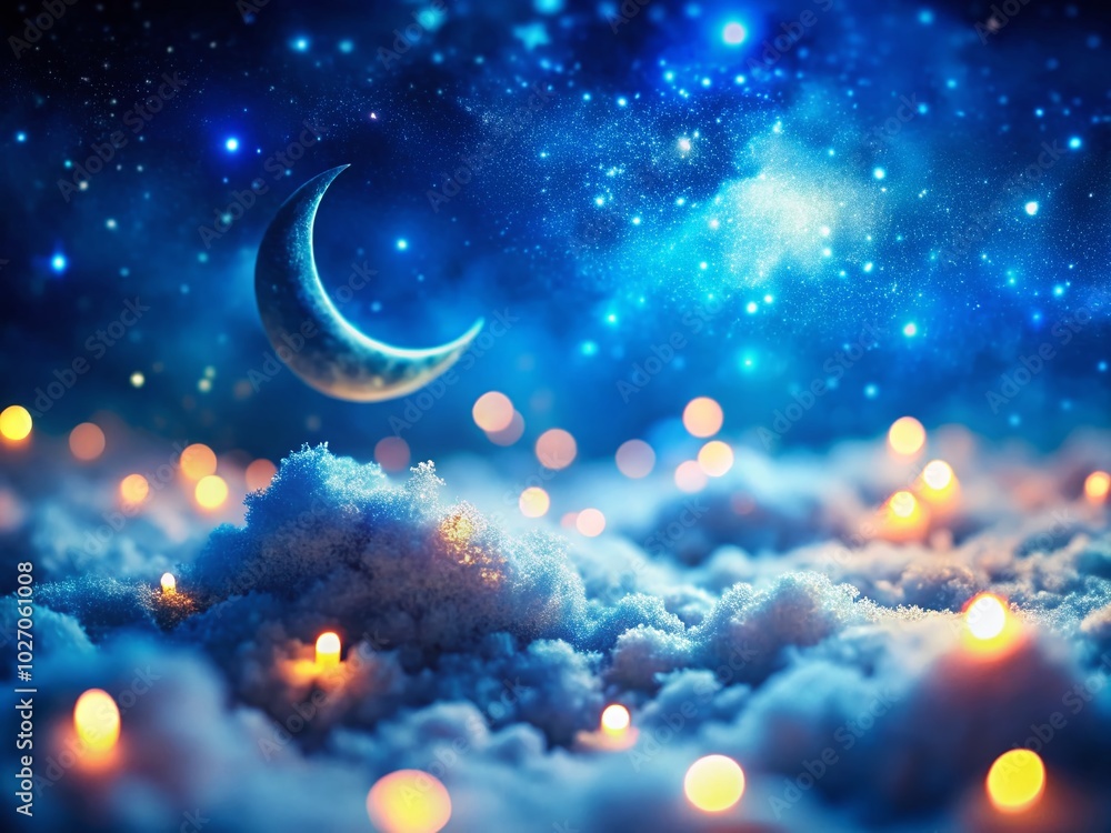 Tilt-Shift Night Sky with Crescent Moon and Fluffy Clouds - Dreamy Landscape Photography Tilt-Shift Night Sky with Crescent Moon and Fluffy Clouds - Dreamy Landscape Photography