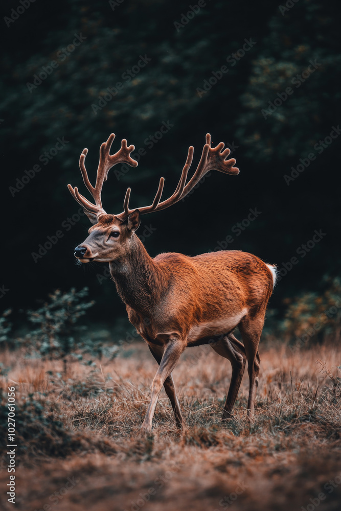 Majestic deer walking through the forested area during the golden hour Majestic deer walking through the forested area during the golden hour