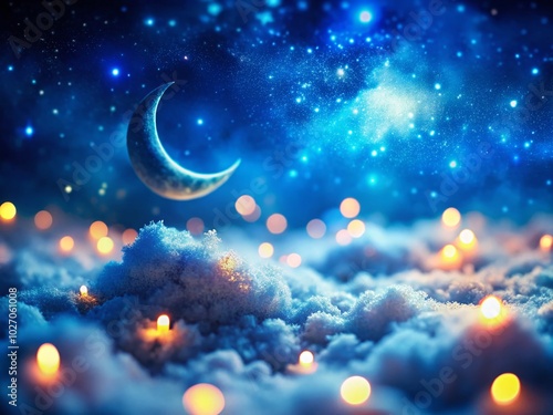 Tilt-Shift Night Sky with Crescent Moon and Fluffy Clouds - Dreamy Landscape Photography