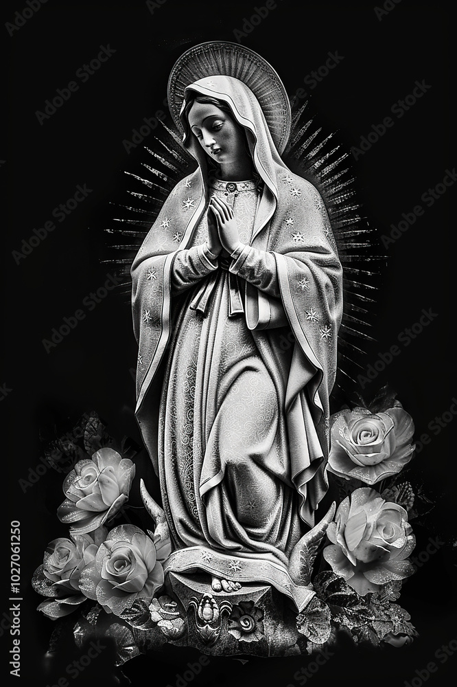 statue of mother mary in black and white, our lady guadelupe, holy halo and roses around her, black background, photorealistic statue of mother mary in black and white, our lady guadelupe, holy halo and roses around her, black background, photorealistic