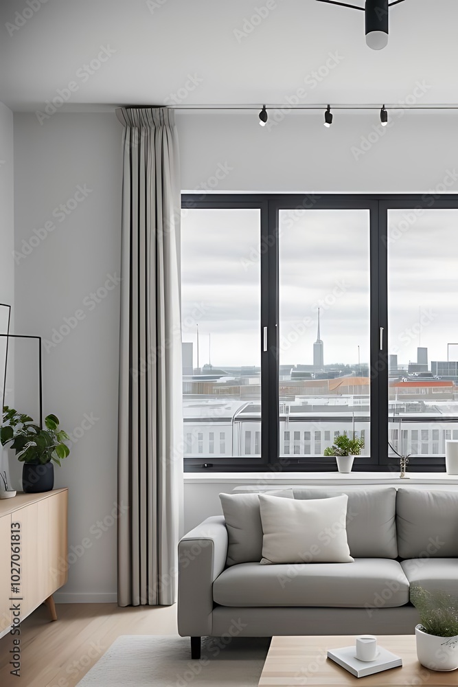 Fototapeta premium Minimalist living room with panoramic city view.