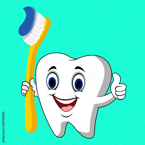 Happy tooth icon. Cute tooth characters. To brush your teeth with toothpaste. Dental personage vector illustration. Illustration for children dentistry. Oral hygiene, teeth cleaning.