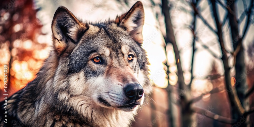 Timber Wolf Close-Up Portrait with Majestic Features and Natural Habitat Background Timber Wolf Close-Up Portrait with Majestic Features and Natural Habitat Background