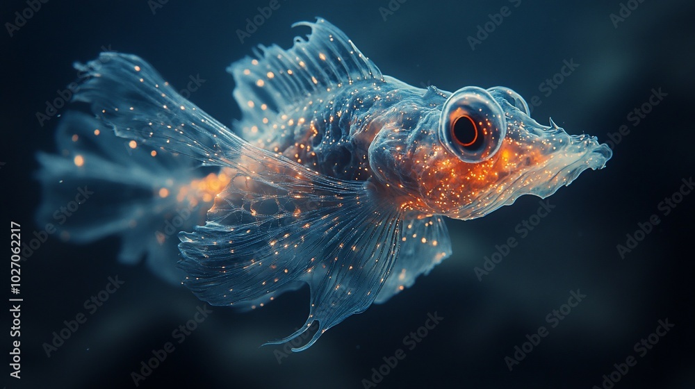 A glowing, translucent fish with a fiery orange eye swims in dark blue water. A glowing, translucent fish with a fiery orange eye swims in dark blue water.