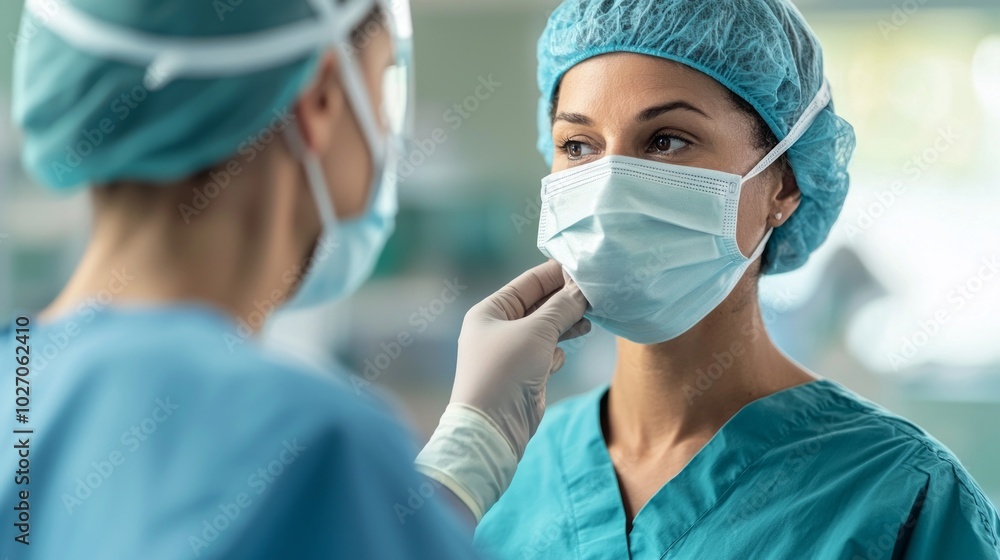 Medical professionals preparing for surgery in scrubs and masks, focused atmosphere in healthcare environment. Medical professionals preparing for surgery in scrubs and masks, focused atmosphere in healthcare environment.