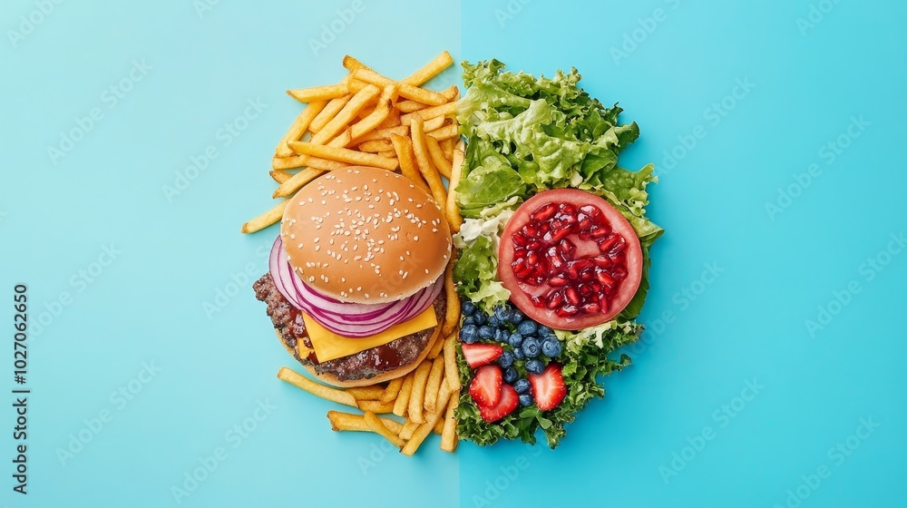 A split image showcasing a burger with fries on one side and a fresh salad with fruits on the other. A split image showcasing a burger with fries on one side and a fresh salad with fruits on the other.