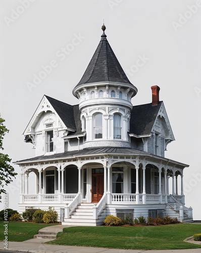 an Italianate architecture house with cupola on plain white background