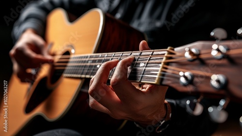 Close-up of hands playing acoustic guitar on a dark background, highlighting craftsmanship and musical passion.