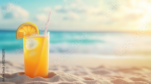 Refreshing Drink on Tropical Beach at Sunset