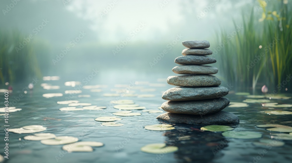 Obraz premium Stacked Stones Resting on Lily Pads in a Misty Pond