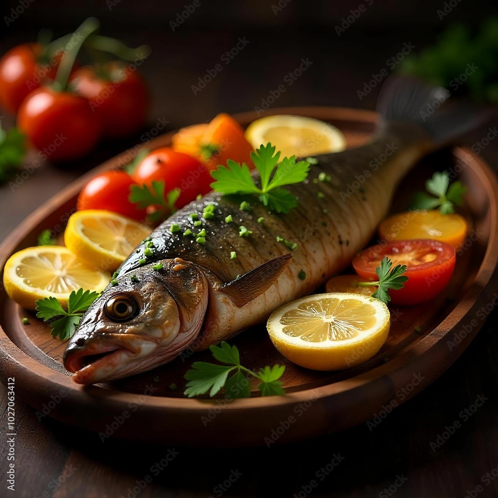 Grilled fish breast with herbs and spices, lemon slices, served on a plate Grilled fish breast with herbs and spices, lemon slices, served on a plate