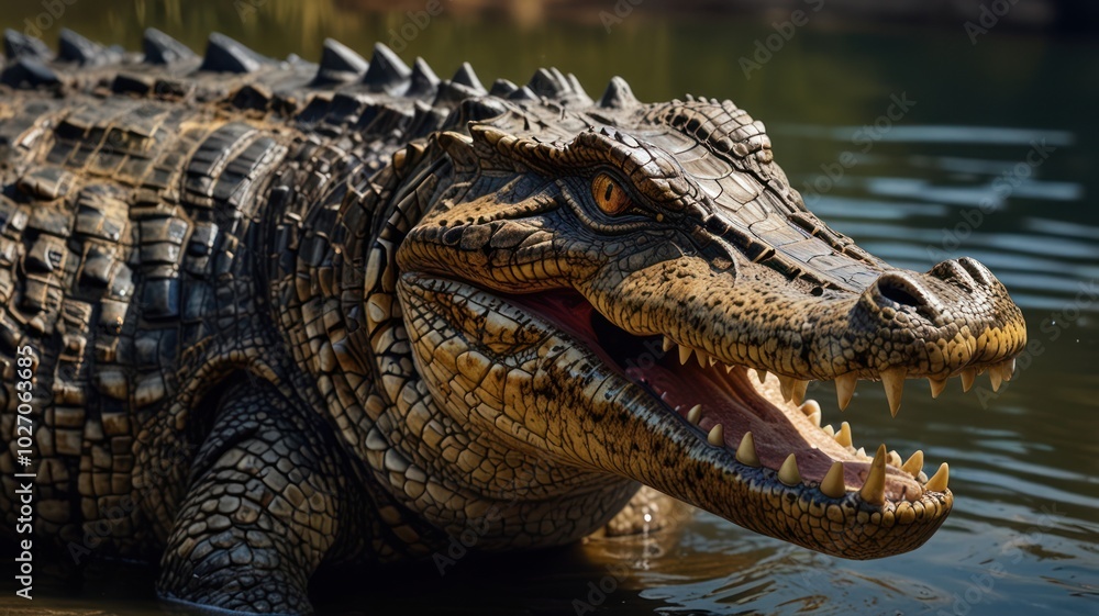 Obraz premium A crocodile basks in the warm sun on the riverbank. Its scaly skin glistens, and its powerful jaws reveal a series of sharp teeth.